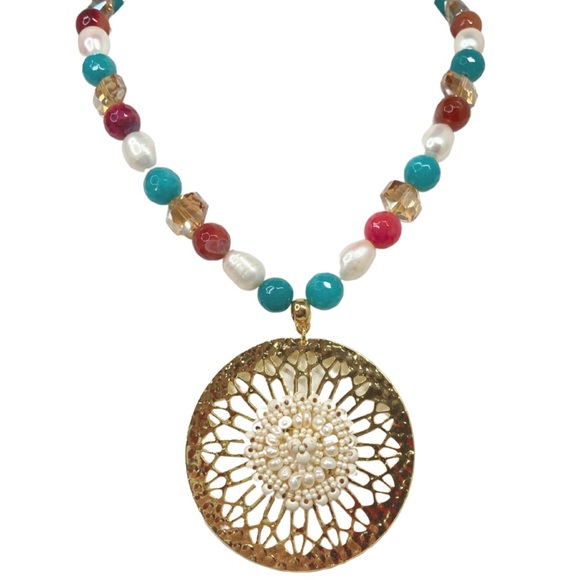 ✨Statement Handmade Short Necklace Stones w/Pearls & Hammered
Knitted Pendant✨ - Picture 2 of 3